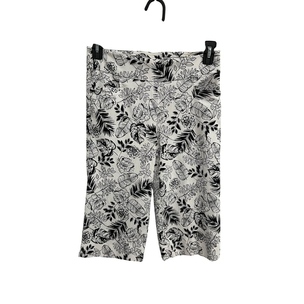 Coral Bay Floral Cropped Capri Pants White Black Sz 8 Flat Front Boho Coastal